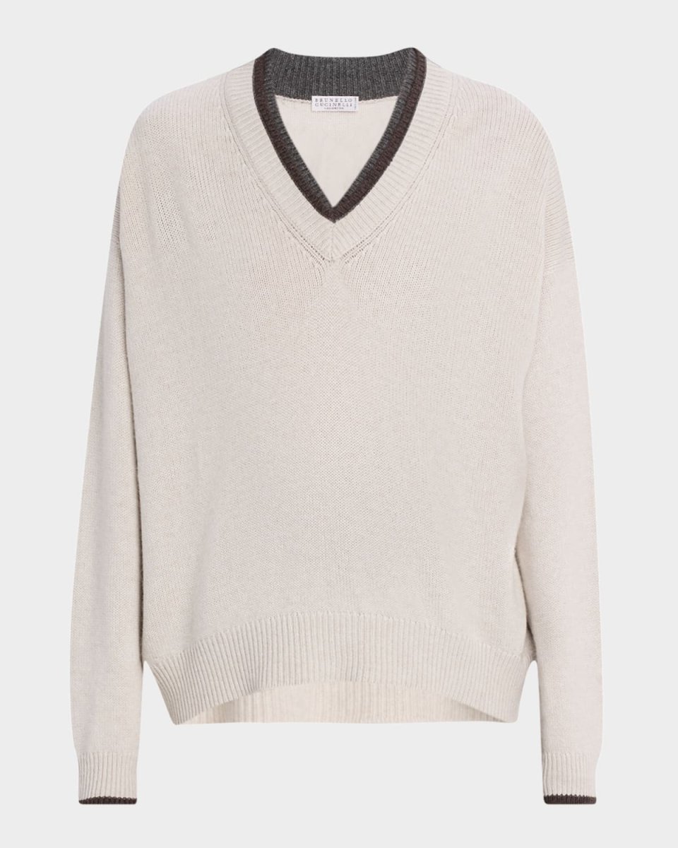 Cashmere Contrast Stripe V-Neck Sweat